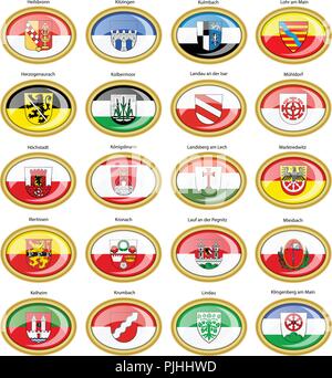 Set di icone. Bandiere delle città tedesche (Baviera). Vettore. 3D. Illustrazione Vettoriale