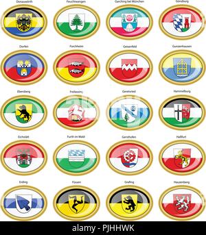 Set di icone. Bandiere delle città tedesche (Baviera). Vettore. 3D. Illustrazione Vettoriale