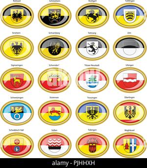 Set di icone. Bandiere delle città tedesche (Baden-Württemberg). Vettore. 3D. Illustrazione Vettoriale