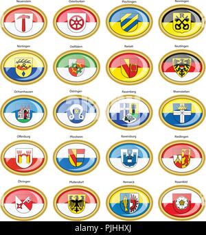 Set di icone. Bandiere delle città tedesche (Baden-Württemberg). Vettore. 3D. Illustrazione Vettoriale
