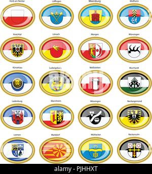 Set di icone. Bandiere delle città tedesche (Baden-Württemberg). Vettore. 3D. Illustrazione Vettoriale