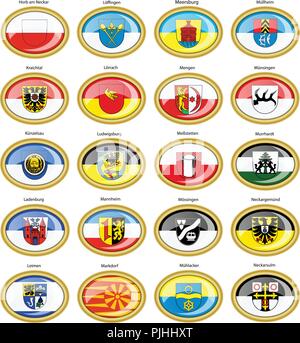Set di icone. Bandiere delle città tedesche (Baden-Württemberg). Vettore. 3D. Illustrazione Vettoriale