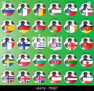 Set di icone. Bandiere dell'Europa con il pallone da calcio. Illustrazione Vettoriale