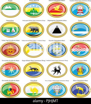 Set di icone. Bandiere delle città della Russia (Urali Distretto Federale). Illustrazione Vettoriale