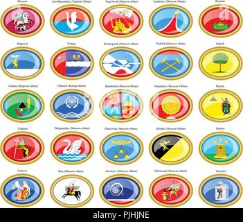 Set di icone. Bandiere delle città russe (Distretto federale centrale). Illustrazione Vettoriale