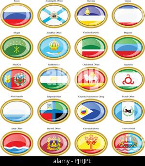 Set di icone. Soggetti federale della Federazione Russa di bandiere. Illustrazione Vettoriale