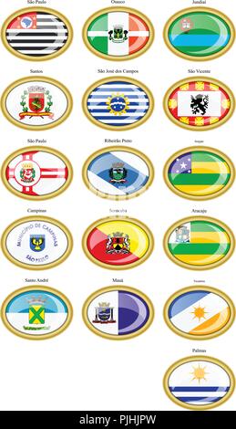 Set di icone. Bandiere degli Stati brasiliani e città. Illustrazione Vettoriale