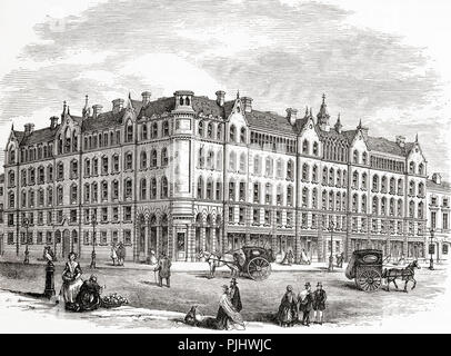 "Peabody' alloggi per l'operosa poveri in Commercial Street, Spitalfields, Londra, Inghilterra nel XIX secolo. George Peabody era un finanziere americano e filantropo che ha stabilito il Peabody Fondo di donazione, oggi chiamato The Peabody Trust, per fornire un alloggio decente per i poveri operai di Londra. Da Londra Foto, pubblicato 1890. Foto Stock