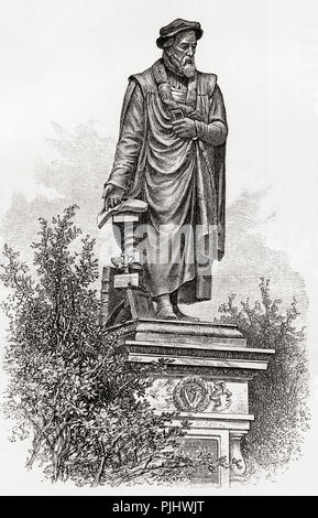 Statua di William Tyndale, Victoria Embankment Gardens, Londra, Inghilterra nel XIX secolo. William Tyndale, talvolta scritto Tynsdale, Tindall, Tindill, Tyndall; c. 1494 - 1536. Lo studioso inglese e traduttore della Bibbia. Da Londra Foto, pubblicato 1890. Foto Stock