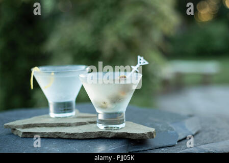 Godendo di un rinfrescante sporco il gin e la vodka martini, scosso non agitata in un elegante coppetta Martini, durante una parte del cortile con la famiglia e gli amici. Foto Stock