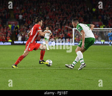 Gareth Bale in azione durante il Galles v Irlanda a Cardiff City Stadium Cardiff Galles su Settembre 06 2018 Graham / GlennSports Foto Stock