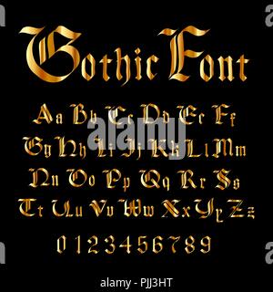 Golden font gotico, set di moderna moda lettere su nero Illustrazione Vettoriale