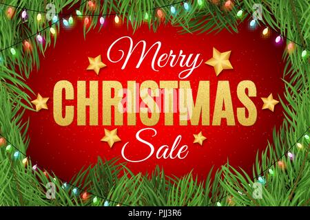 Auguri di Buon Natale. Iscrizione del golden luccica. Albero di natale con una ghirlanda di fiori colorati. Vendita di natale. Grandi sconti. Luxury Gold stelle. Vec Illustrazione Vettoriale