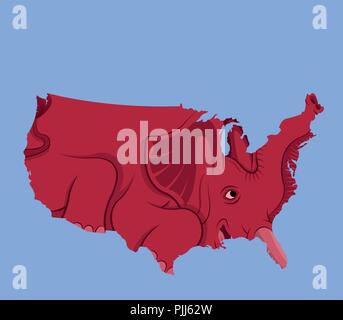 USA mappa come repubblicano elefante rosso. Tutti gli oggetti, le ombre e lo sfondo sono in diversi strati. Illustrazione Vettoriale