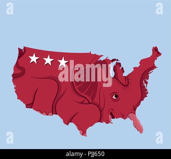 USA mappa come repubblicano elefante rosso con forme stellari. Tutti gli oggetti, le ombre e lo sfondo sono in diversi strati. Illustrazione Vettoriale