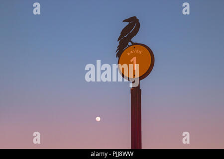 Parco Nazionale del Grand Canyon in Arizona, Stati Uniti. Posa artistica di Raven, solitaria raven e contemplativa, crepuscolo di luna piena, colorato tramonto Cielo Foto Stock