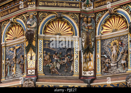 Dettaglio del pulpito, chiesa di San Nicolò, Nakskov Foto Stock