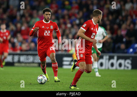 Cardifff, UK. Il 6 settembre 2018. Tyler Roberts del Galles in azione.La UEFA Nazioni League match, Galles v Repubblica di Irlanda a Cardiff City Stadium di Cardiff , Galles del Sud giovedì 6 settembre 2018. foto da Andrew Orchard/Alamy Live News Foto Stock