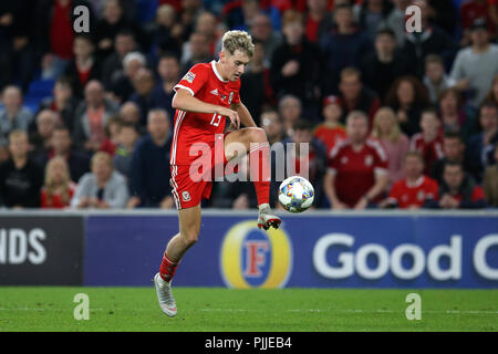 Cardifff, UK. Il 6 settembre 2018. David Brooks del Galles in azione .UEFA Nazioni League match, Galles v Repubblica di Irlanda a Cardiff City Stadium di Cardiff , Galles del Sud giovedì 6 settembre 2018. foto da Andrew Orchard/Alamy Live News Foto Stock