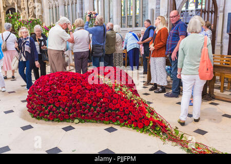 Winchester, Hampshire, Regno Unito. Il 7 settembre 2018. Migliaia di persone in visita Festival di illuminazione di fiori 5-9 Settembre per vedere oltre 50.000 fiori e 400 differenti varianti di fiori e fogliame in Winchester Cathedral - il profumo ed il colore che evoca la rileva come i visitatori in giro. Una straordinaria gamma di composizioni floreali ispirati dal magnifico Winchester la Bibbia, la più grande e più raffinati sopravvivere del XII secolo la Bibbia in inglese. Credito: Carolyn Jenkins/Alamy Live News Foto Stock