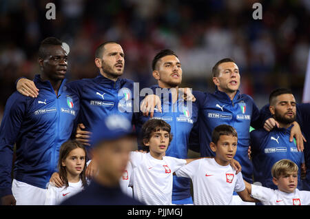 Bologna, Italia. Il 7 settembre 2018. Italia team durante l inno nazionale prima della partita UEFA Nazioni League , il gruppo 3, la partita di calcio tra Italia V in Polonia dall'ARA STADIUM DI BOLOGNA. Credito: marco iacobucci/Alamy Live News Foto Stock