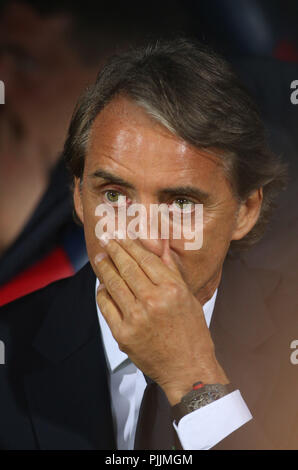 Bologna, Italia. Il 7 settembre 2018. ROBERTO MANCINI durante la partita UEFA Nazioni League , il gruppo 3, la partita di calcio tra Italia V in Polonia dall'ARA STADIUM DI BOLOGNA. Credito: marco iacobucci/Alamy Live News Foto Stock
