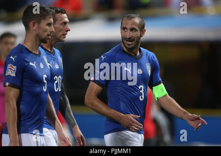 Bologna, Italia. Il 7 settembre 2018. CHIELLINI in azione durante il match UEFA Nazioni League , il gruppo 3, la partita di calcio tra Italia V in Polonia dall'ARA STADIUM DI BOLOGNA. Credito: marco iacobucci/Alamy Live News Foto Stock