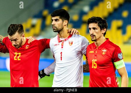 Tulcea, Romania. Il 7 settembre 2018. Marko Simic #22 (Montenegro) Danijel Petrovic #1 (Montenegro) Stefan Mugosa #15 (Montenegro) durante il calcio, nazioni UEFA campionato 2019, Torneo finale, gioco tra le squadre nazionali di Romania (ROU) e Montenegro (MNE) a Ilie Oana Stadium, Tulcea, Romania ROU. Foto: Catalin Soare Credito: Cronos/Alamy Live News Foto Stock