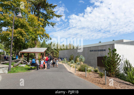 Washington, Stati Uniti d'America. Il 7 settembre 2018. I visitatori si radunano presso la grande apertura del Pacifico Mari acquario al Point Defiance Zoo & Aquarium. L'acquario aperto al pubblico il 7 settembre, che sostituisce il precedente del Nord Pacifico Acquario mari come parte di un $65 milioni di investimenti nel parco. Credito: Paolo Christian Gordon/Alamy Live News Foto Stock