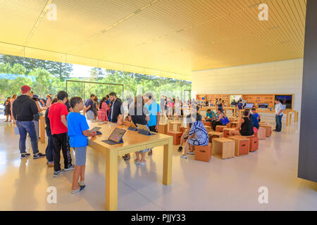 Cupertino, CA, Stati Uniti - Agosto 12, 2018: interni con molti clienti nel nuovo Apple Store e il quartier generale di Apple Il Centro Visitatori del Parco, Tantau Avenue, Cupertino, Silicon Valley, California Foto Stock