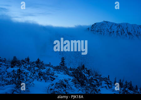 Vista dalla Fahrenberg sul Herzogstand in inverno al tramonto, a Walchensee, Alpi Bavaresi, Alta Baviera, Baviera, Germania Foto Stock