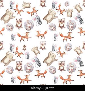 Acquerello carino disegnato a mano modello senza giunture. Selvatica Animali della foresta. Orso allegro, fox, riccio, Civetta e mouse. Foto Stock