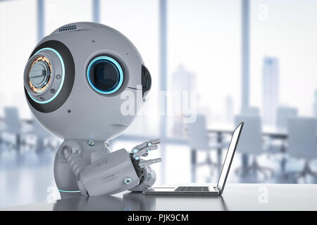 Il rendering 3d carino di intelligenza artificiale robot con il computer portatile Foto Stock
