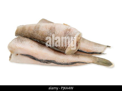 Tre pezzi di pesce nototenia su sfondo bianco Foto Stock