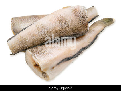 Tre pezzi di pesce nototenia su sfondo bianco Foto Stock