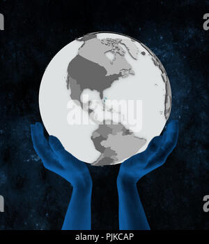 Bahamas con bandiera sul globo terrestre in mani nello spazio. 3D'illustrazione. Foto Stock