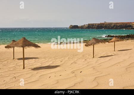 Ombrelloni di paglia su una soleggiata spiaggia dorata di Tarifa, Andalusia, Spagna vicino a Tangeri in Marocco Foto Stock