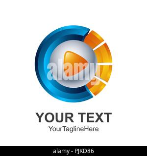 Abstract Creative Circle 3d media pulsante Riproduci vector logo design elemento di modello. Colore blu argento arancione icona del concetto Illustrazione Vettoriale