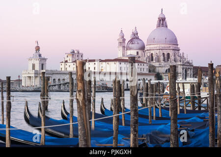 Venezia e gondole, Piazzetta San Marco, vista della Basilica di Santa Maria della Salute, Atmosfera mattutina Foto Stock