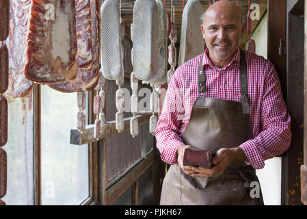 Grigionese Fleisch carne impianto di essiccazione Jörg Brügger, Parpan, comune di Churwalden del cantone dei Grigioni, Svizzera Foto Stock