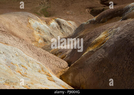 Islanda e colorati di piste al vulcano Leirhnjúkur nell'area Krafla, depositi di zolfo, hot springs, Foto Stock