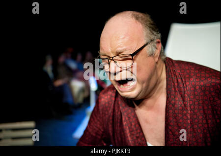 Compagnia di Teatro de Dijlezonen giocando De Vrek da Molière, diretto dal Gie Beullens (Belgio, 22/01/2015) Foto Stock