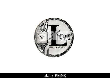 Immagine simbolica crypto cambio valuta digitale, argento fisico coin Litecoin Foto Stock