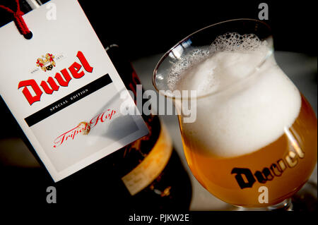 Foto del prodotto del rilanciato Duvel tripla birra di luppolo da Duvel Moortgat/birreria (Belgio, 30/09/2010) Foto Stock