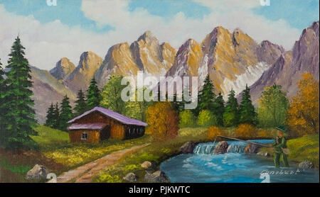 La verniciatura con vernici a olio da una casa in montagna vicino a un ruscello di montagna Foto Stock