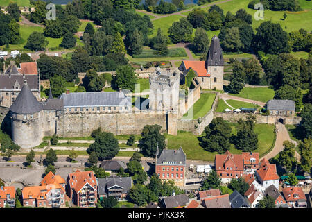 Il castello di Bentheim, Torre della Polvere, townscape, parco del castello, Bad Bentheim, Bassa Sassonia, Germania Foto Stock