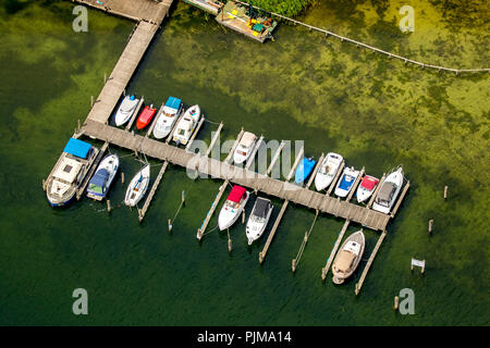 Bay Seelust a Plauer See con pontili di barche a motore, barche a vela, Plau am See, Meclemburgo Lake District, Mecklenburg Svizzera, Meclenburgo-Pomerania Occidentale, Germania Foto Stock