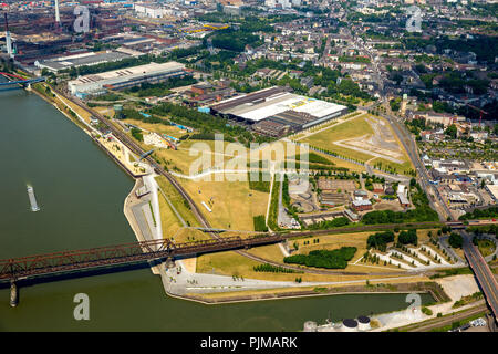 Rheinpark, Duisburg, vista sul Reno, Reno, il cambiamento strutturale, la zona della Ruhr, Nord Reno-Westfalia, Germania Foto Stock