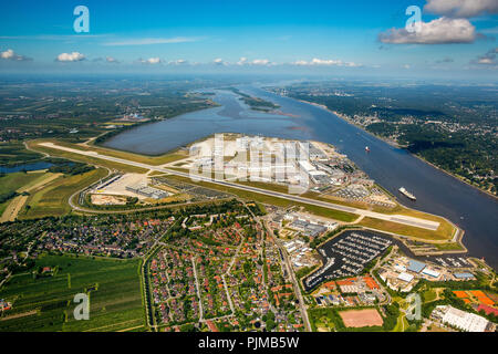 Finkenwerder aeroporto, pista e la fabbrica di edifici di Airbus aeroporto, Finkenwerder aeroporto, Amburgo, Città Libera e Anseatica di Amburgo, Amburgo, Germania Foto Stock