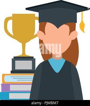 Donna studente laureato con trofeo e libri illustrazione vettoriale Illustrazione Vettoriale